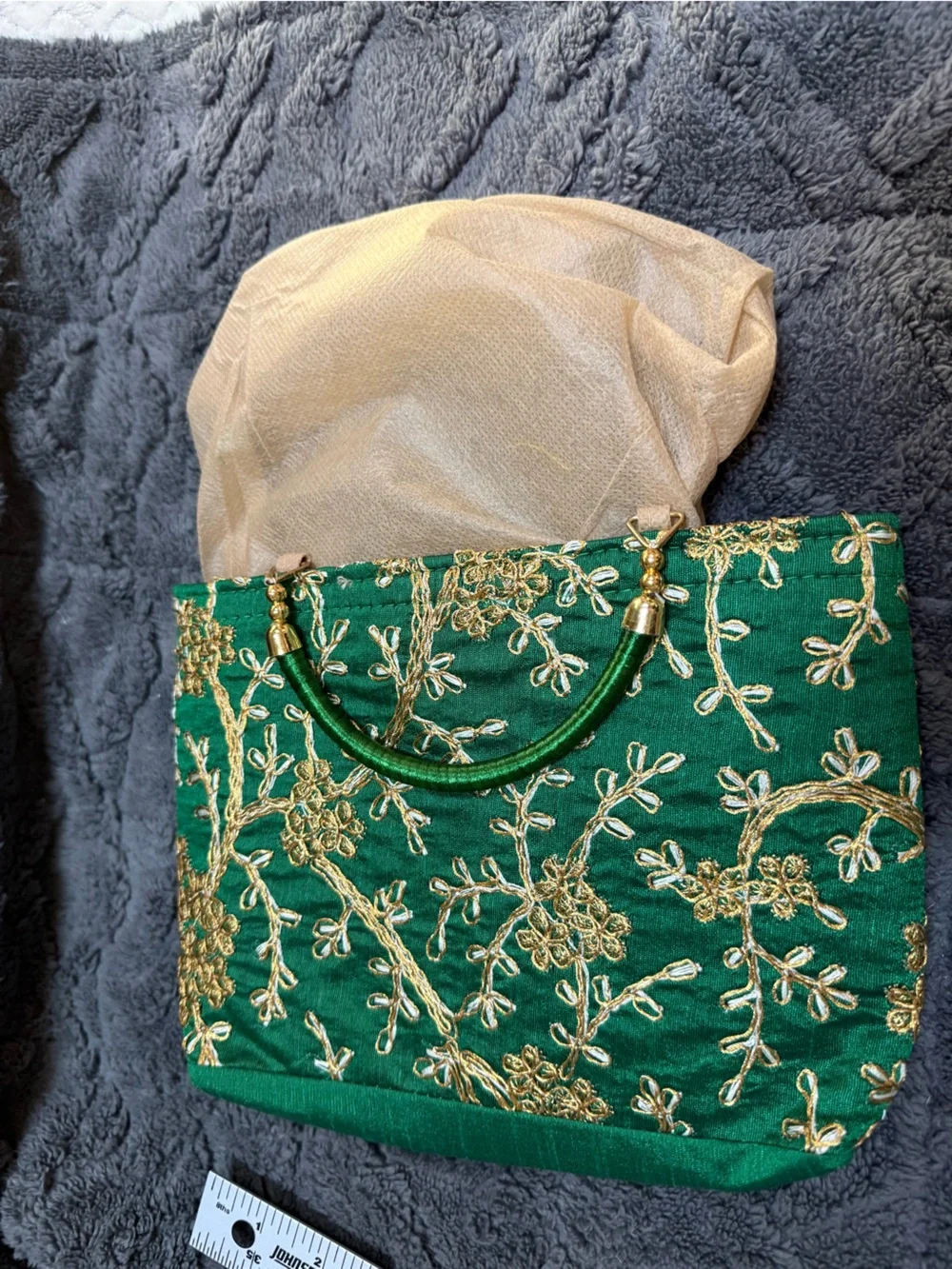 Green Embroidered Evening Bag with Gold Accents 7 x 9”